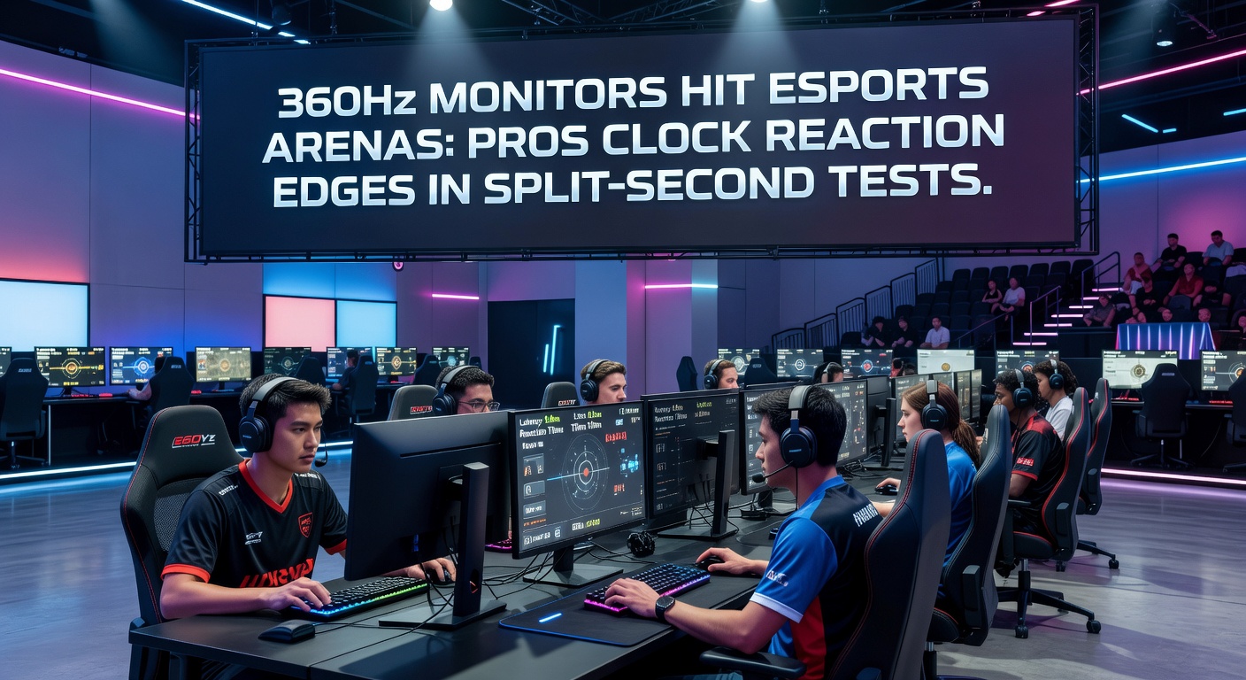 Esports pro intensely focused on a 360Hz monitor during a high-stakes match, screen blurring with rapid action