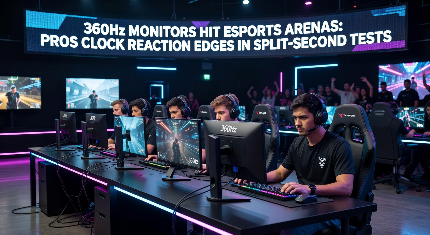 Close-up of a 360Hz monitor in an esports arena setup, surrounded by keyboards, mice, and team branding under bright stage lights
