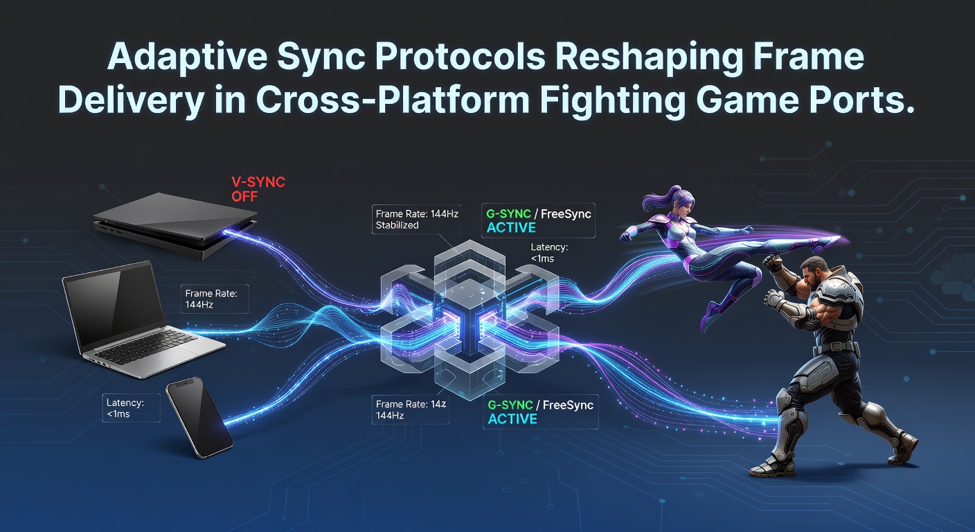 Diagram showing adaptive sync frame timing adjustments during cross-platform fighting game sessions