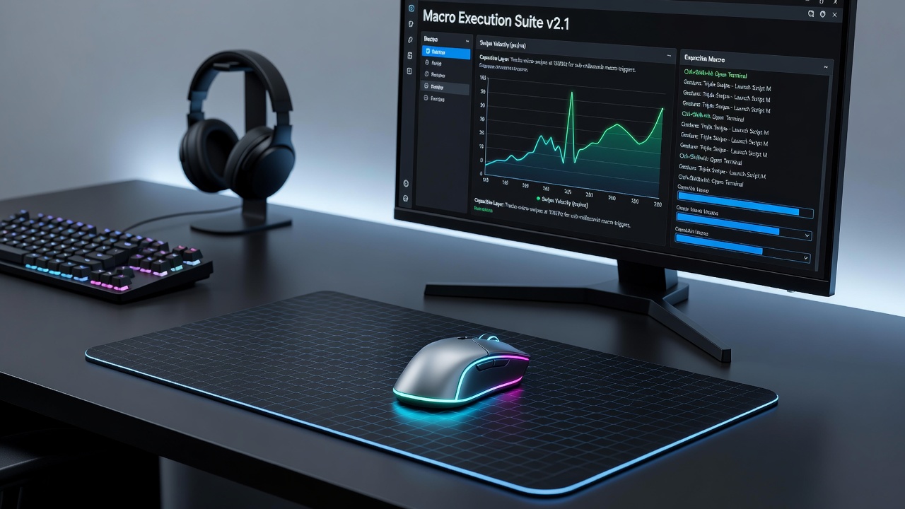 Esports athlete using a capacitive mouse pad during a MOBA tournament match with on-screen macro indicators