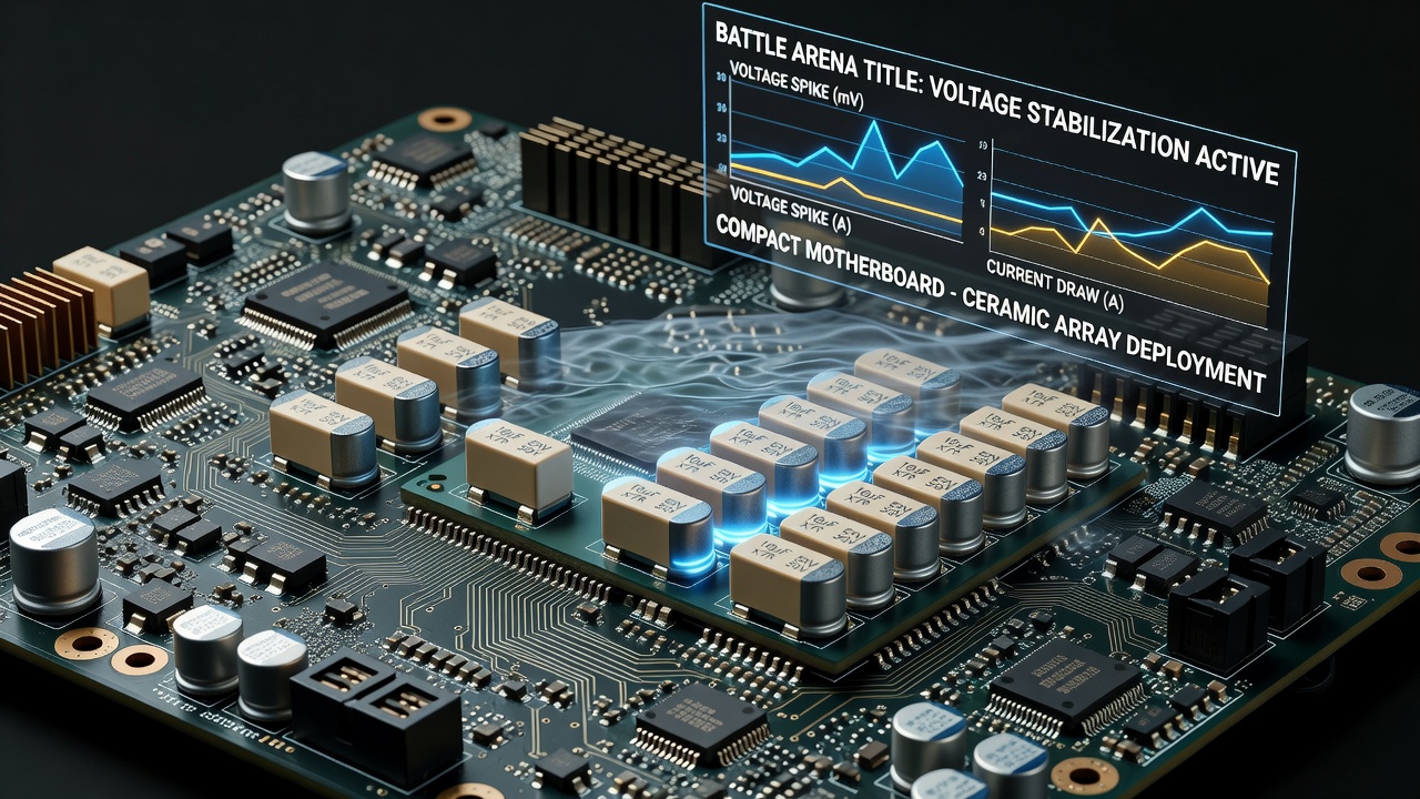 Close-up view of ceramic capacitor arrays mounted on a compact motherboard used in gaming systems