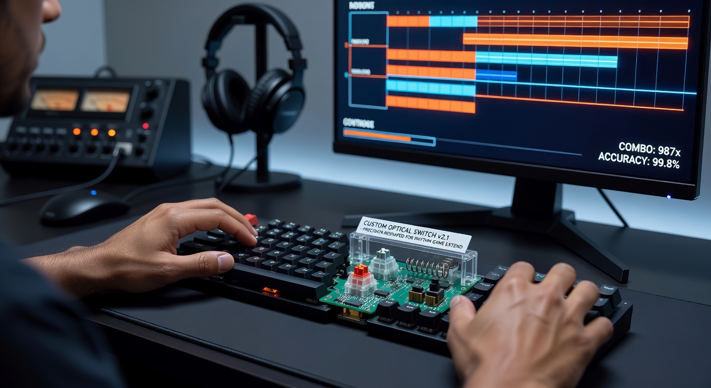 Close-up of optical switch internals showing light beam path for rhythm game keyboards