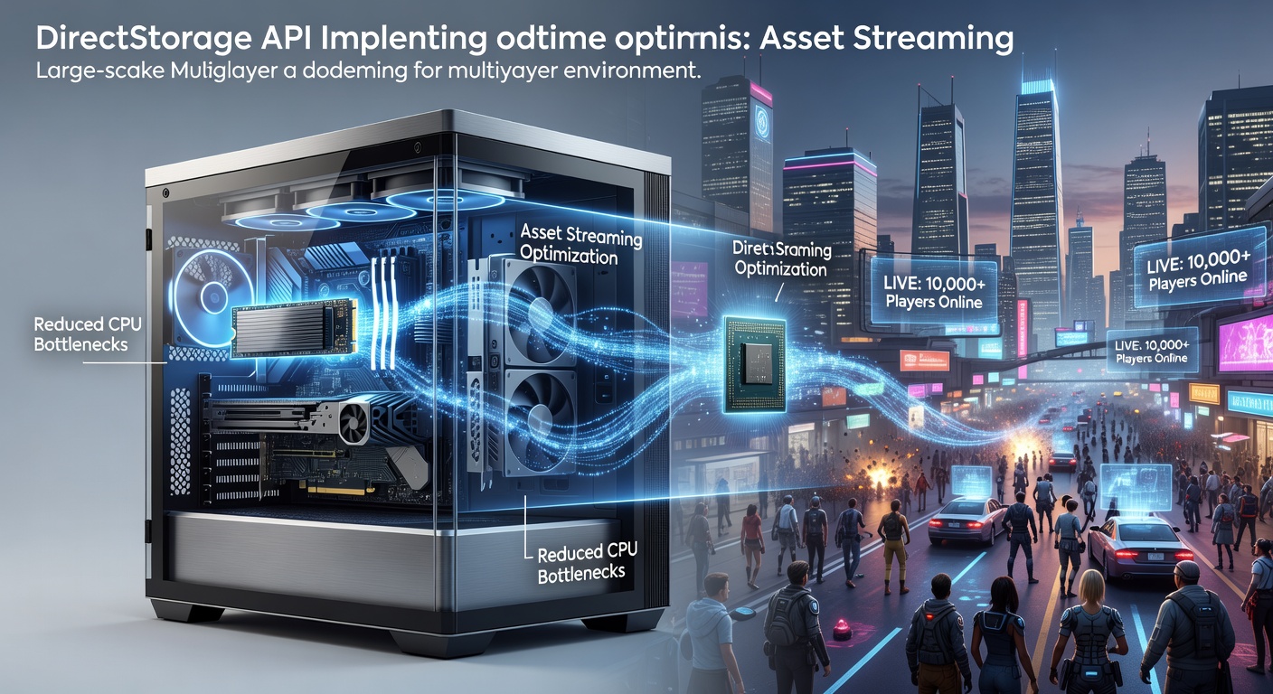 DirectStorage API diagram showing data flow from NVMe storage to GPU bypassing CPU in multiplayer asset streaming