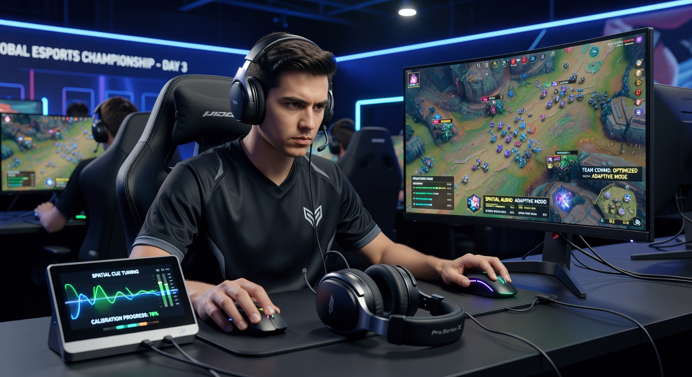 Wireless gaming headset undergoing adaptive audio calibration for spatial sound in strategy esports