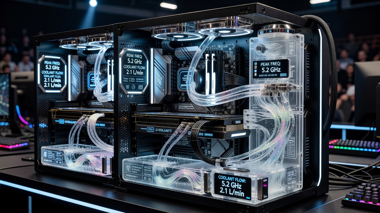 Dielectric coolant flow visualization in a densely packed enthusiast PC tower during benchmark testing