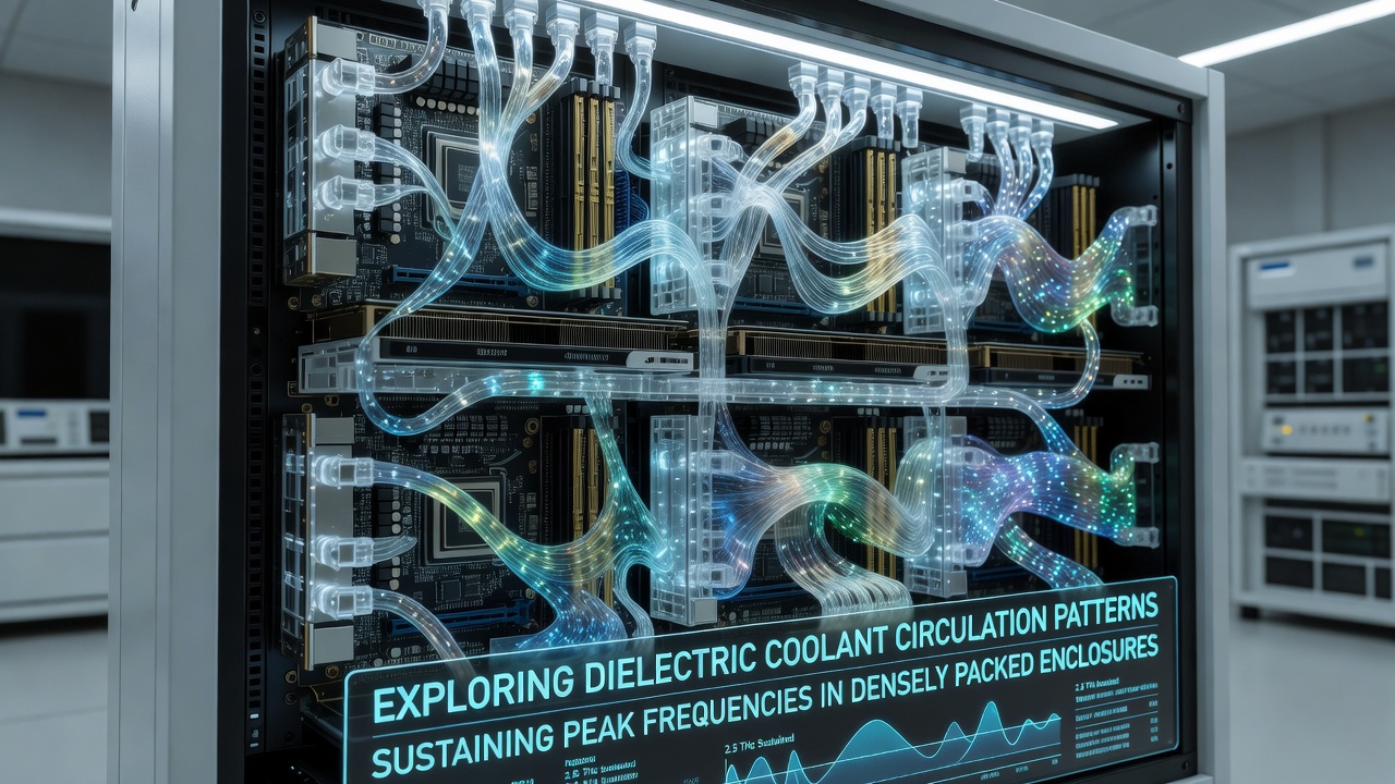 Cross-section diagram of optimized dielectric coolant channels in a multi-GPU enthusiast build