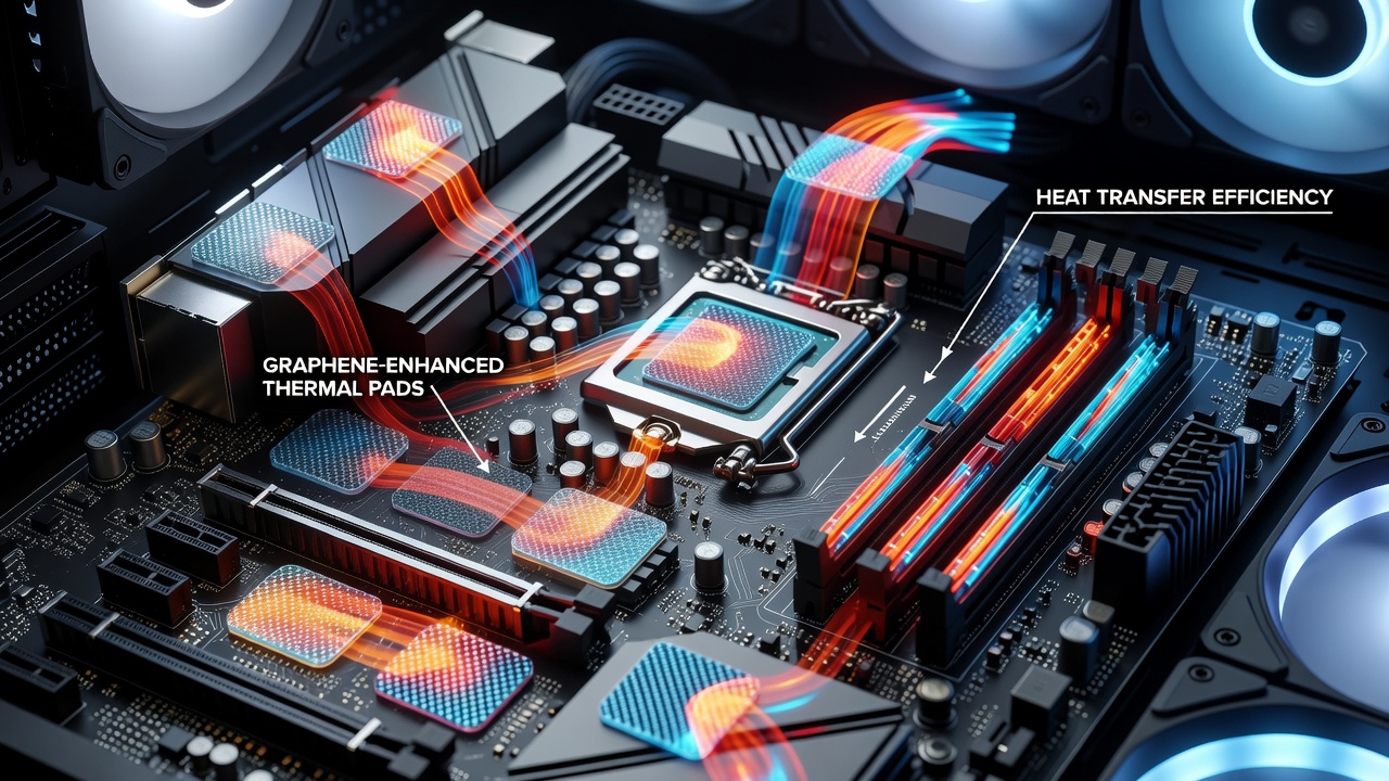 Close-up view of graphene-enhanced thermal pads installed between CPU and heatsink in a compact PC build showing layered material structure