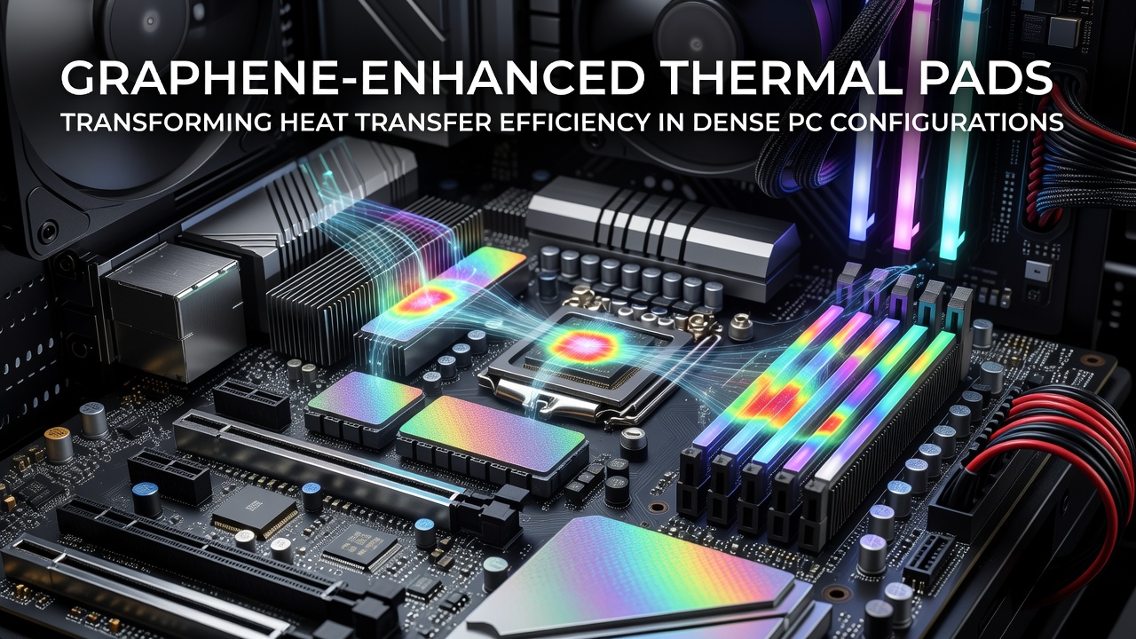 Thermal imaging comparison showing heat distribution differences between standard pads and graphene-enhanced pads on a densely packed motherboard