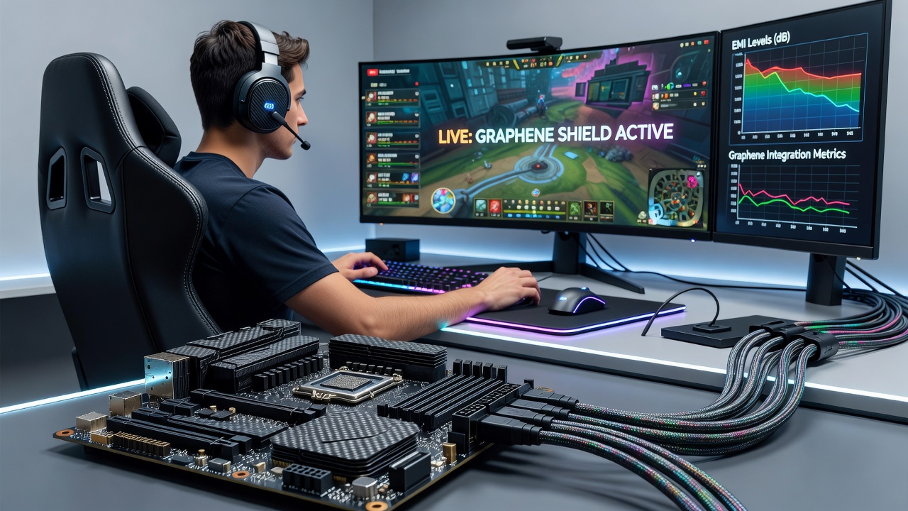 Close-up of graphene-coated circuit board inside wireless esports headset with multiple device interference testing
