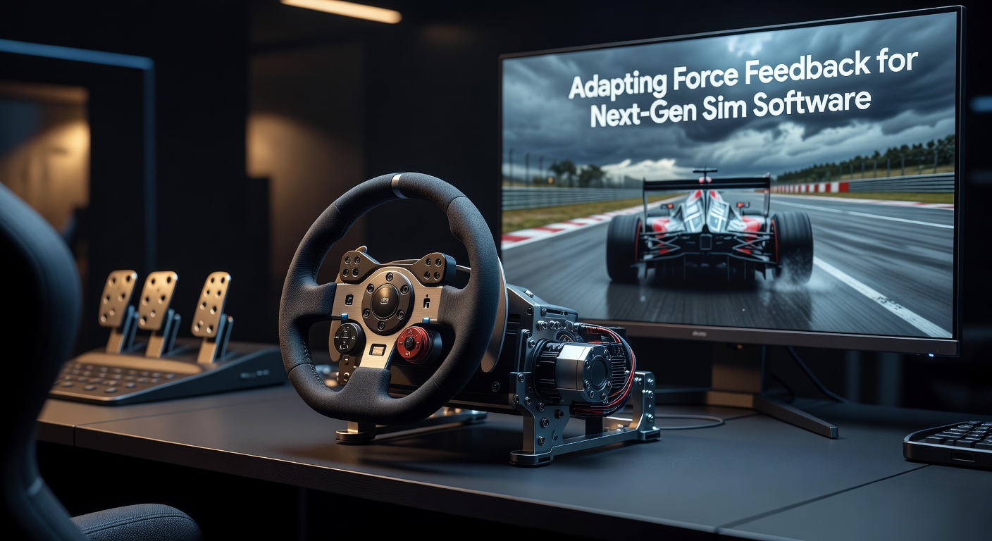 Close-up of a modern racing wheel showing integrated force feedback motors and sensor arrays during a high-fidelity simulation session