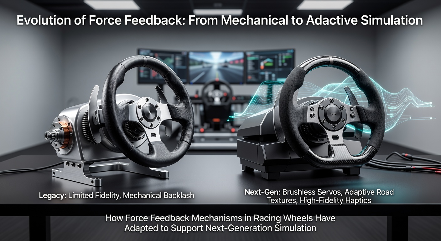 Racer testing an updated direct-drive wheel connected to advanced simulation software displaying real-time force telemetry graphs