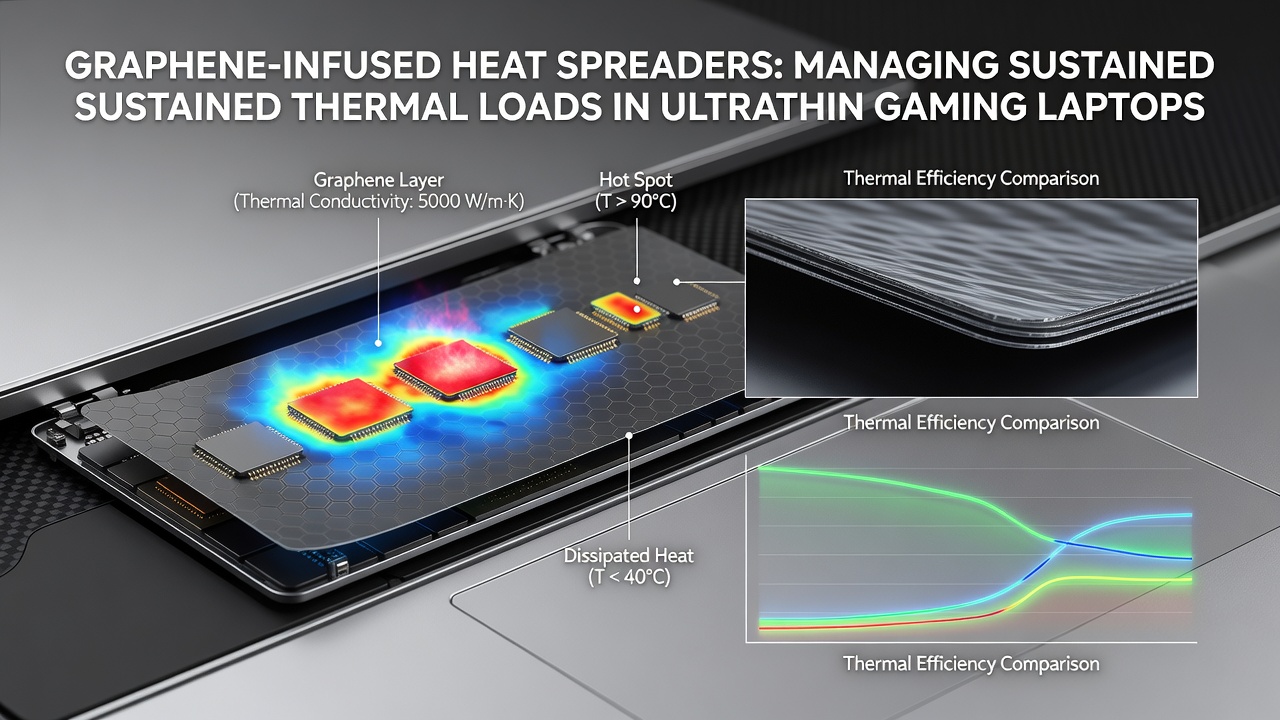 Thermal imaging comparison showing heat distribution across a laptop base with graphene spreaders during mixed 4K and ray-tracing workloads