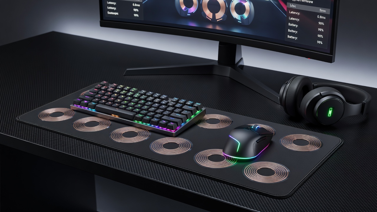 Close-up of a gaming mouse pad with integrated inductive charging coils supporting a wireless mouse during active use