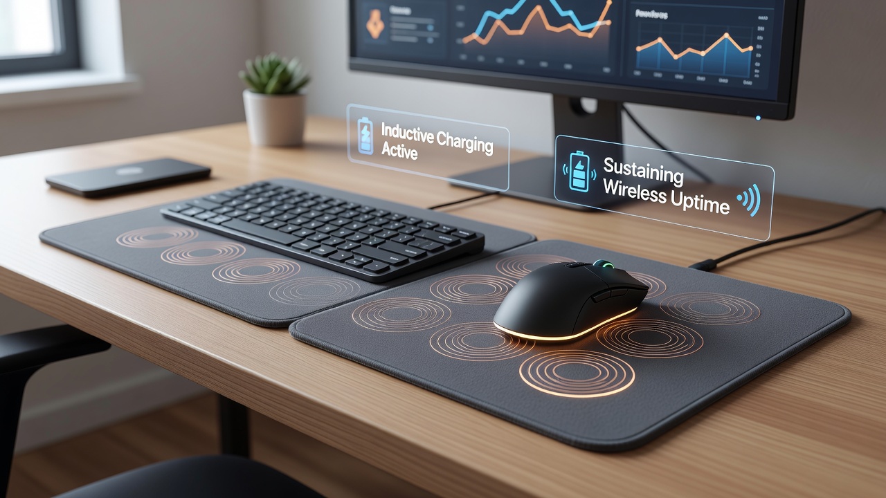 Esports competitor using an inductive charging mouse pad during a multi-hour tournament match with wireless equipment