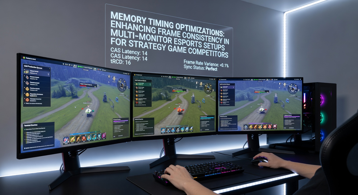 Multi-monitor esports setup showing synchronized displays with strategy game interfaces and hardware monitoring overlays