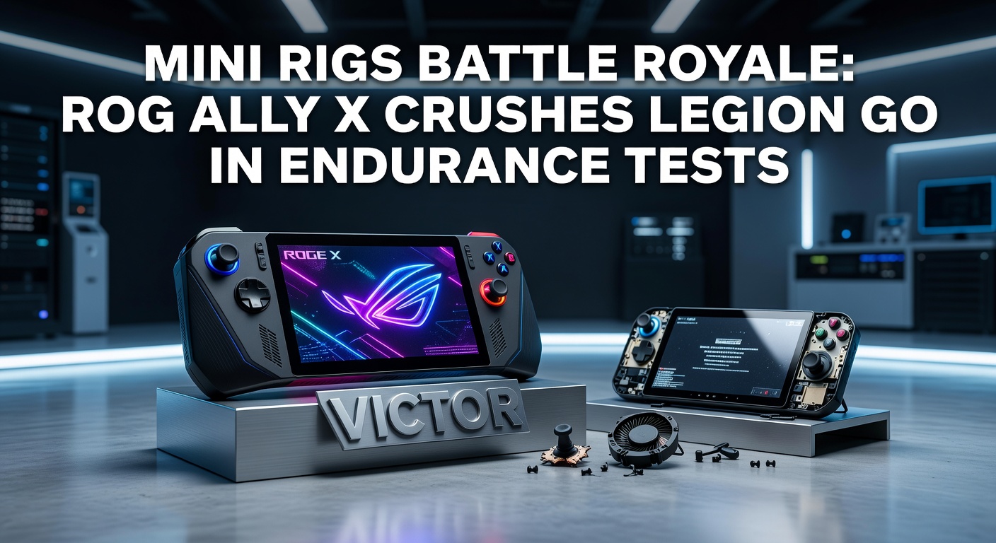 ASUS ROG Ally X and Lenovo Legion Go side by side on a testing bench, batteries under stress during marathon gaming sessions with performance graphs overlayed.