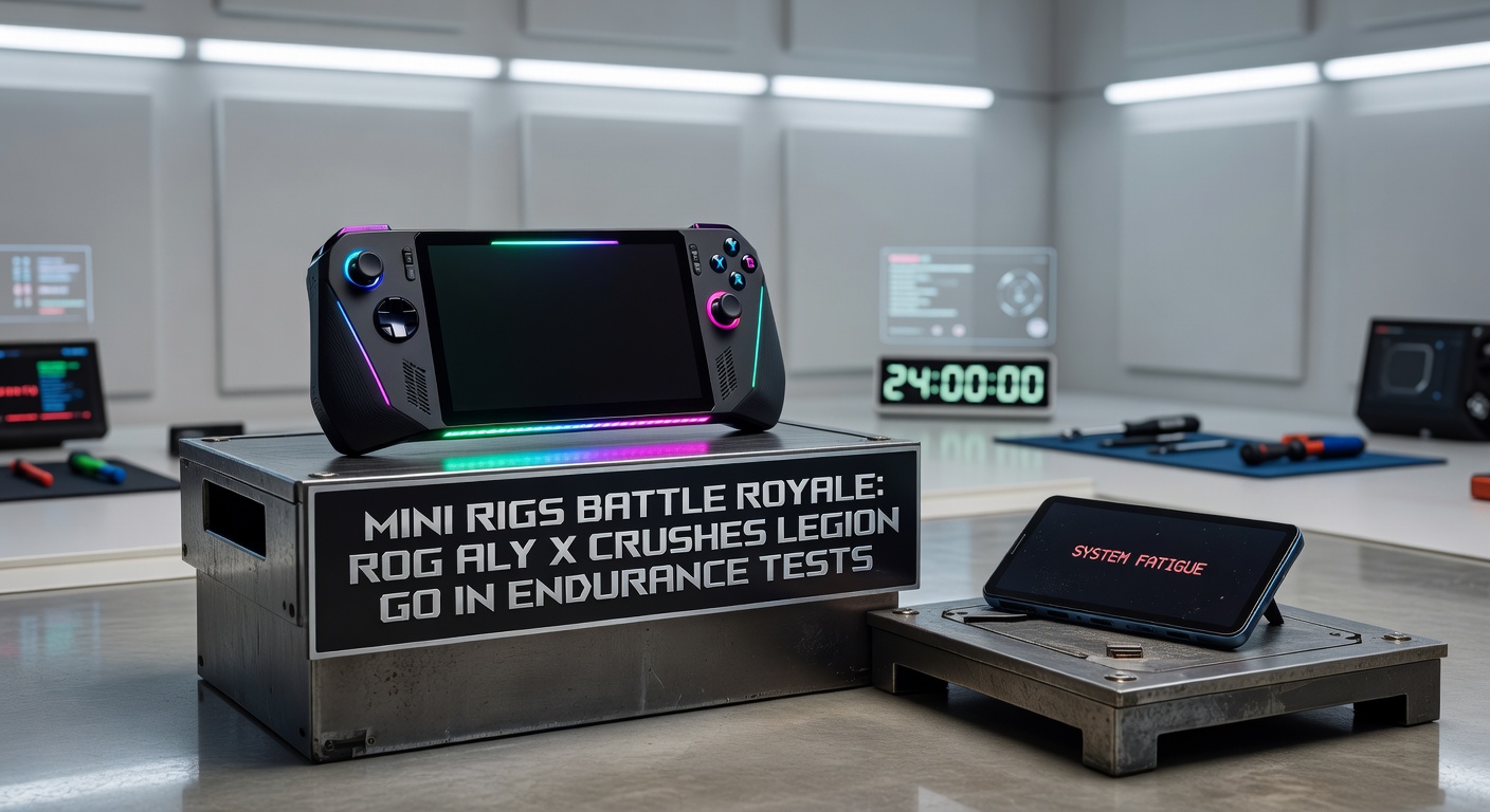 Close-up graphs from endurance tests showing ROG Ally X battery curve holding steady far longer than Legion Go's sharp decline during AAA gaming.