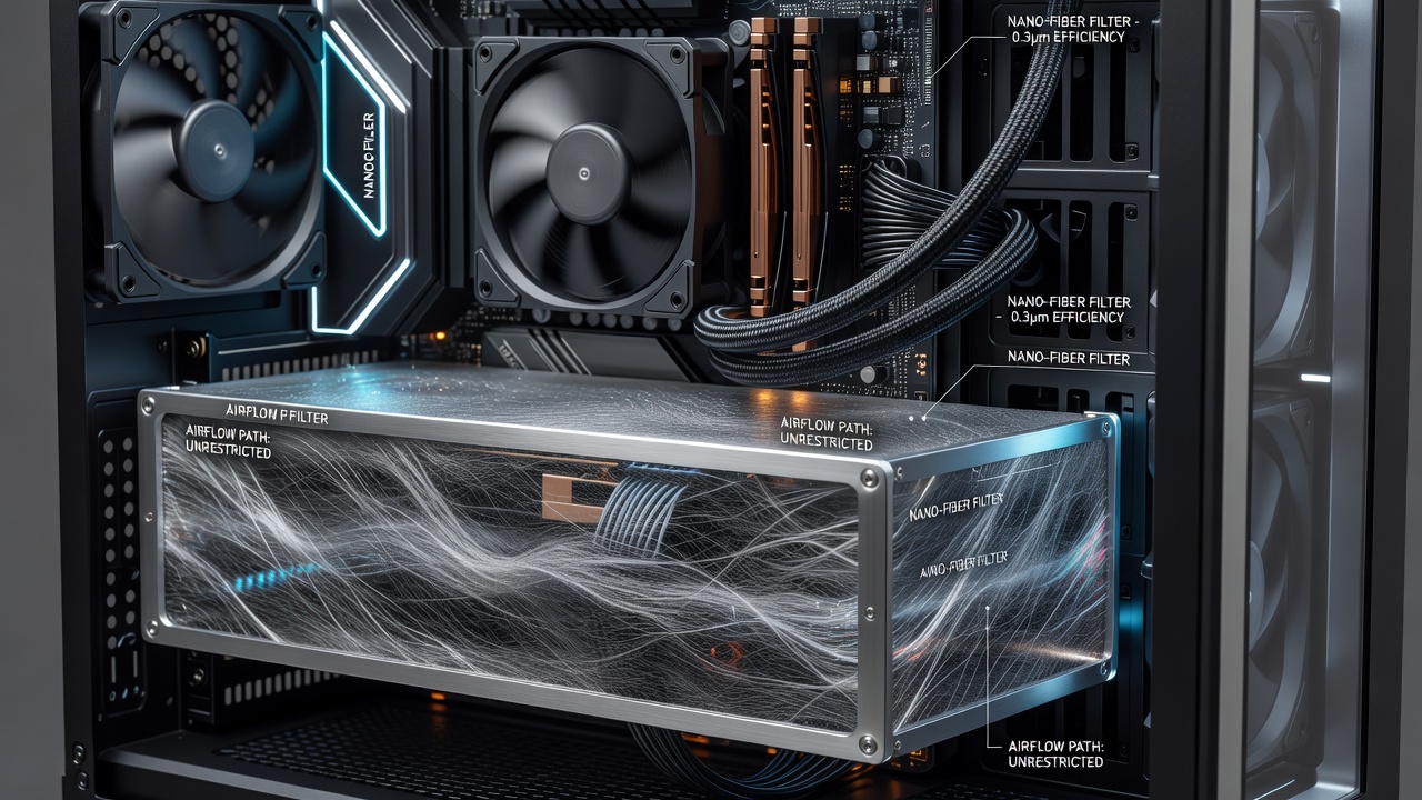 Close-up view of nanofiber filtration material capturing fine dust particles while air flows through an enthusiast PC case during sustained rendering tasks