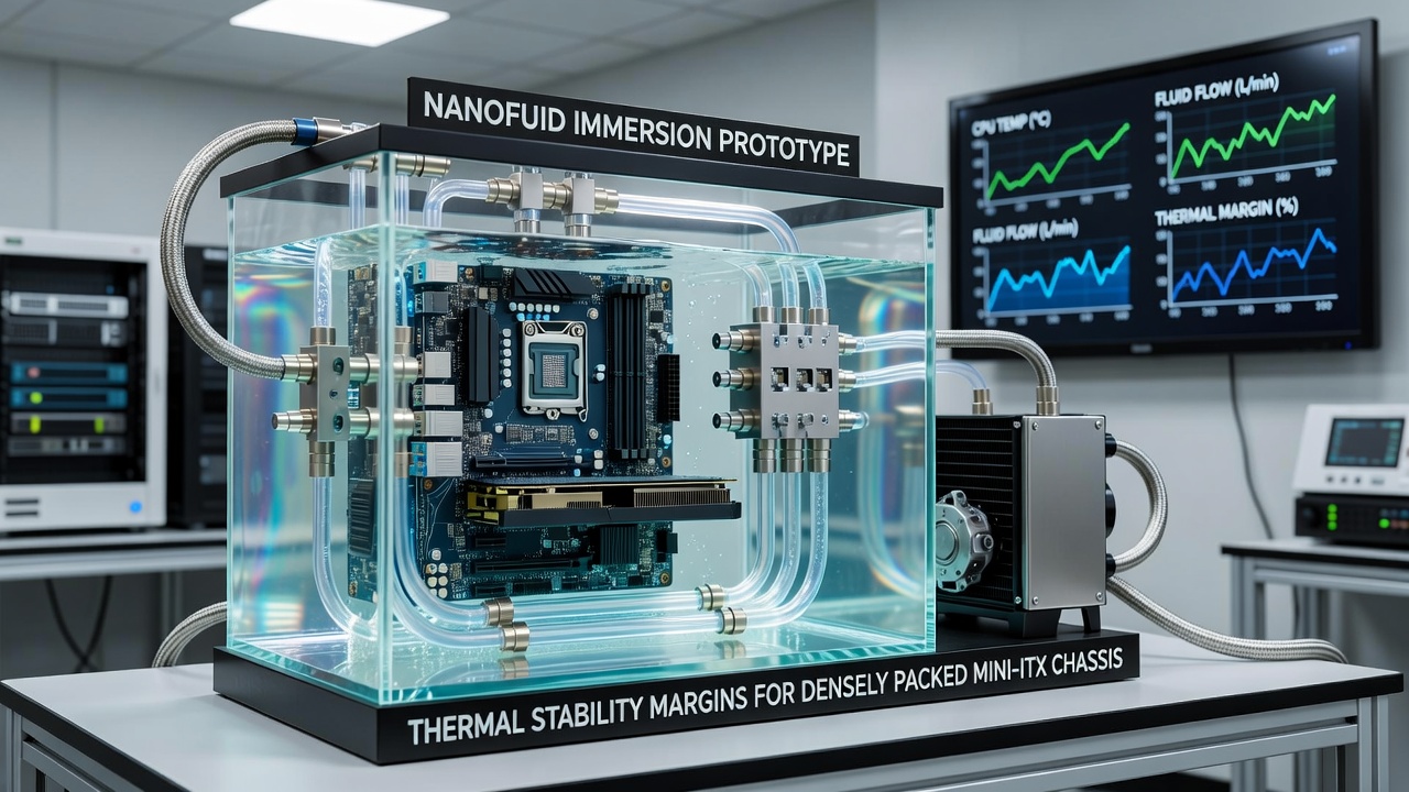 Close-up of nanofluid circulation through Mini-ITX components during extended ray-traced gaming session