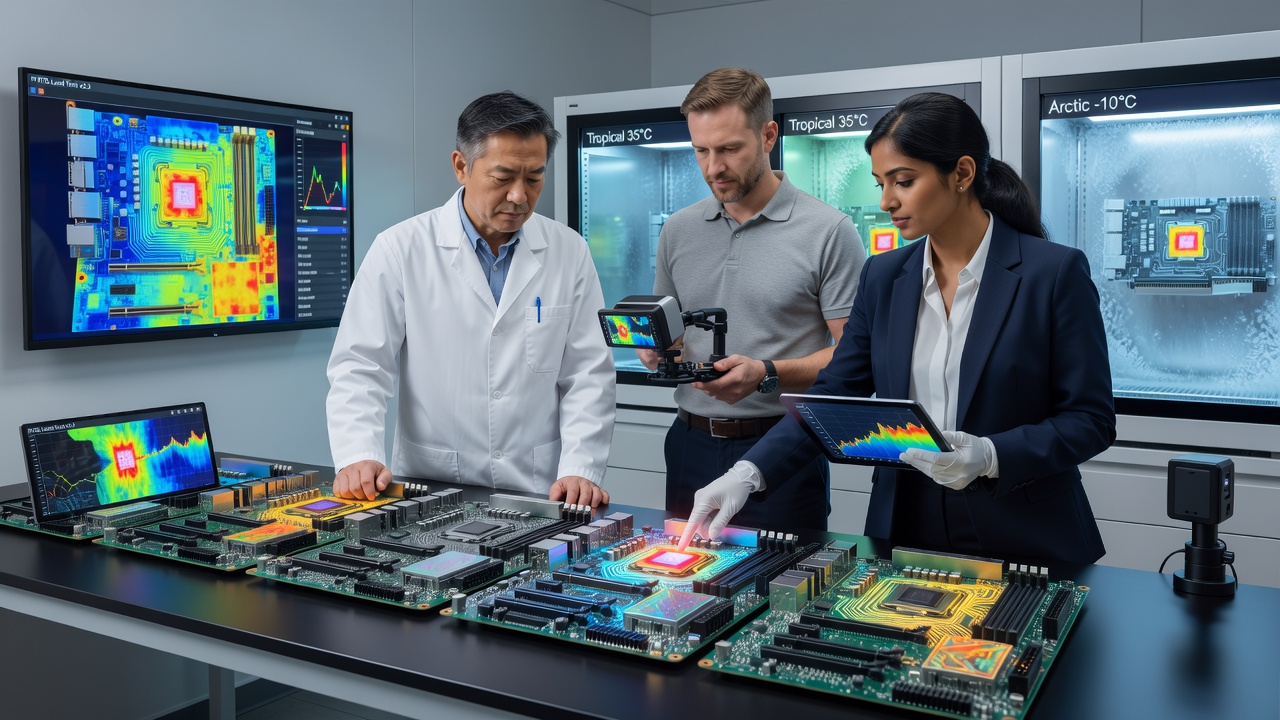 Compact motherboard with graphene trace coatings under thermal imaging during strategy game load testing