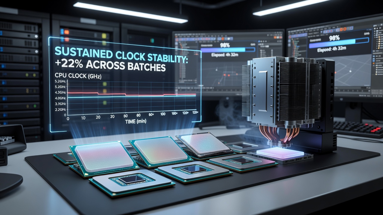 Close-up view of phase-change material pads applied to a flagship CPU during thermal testing