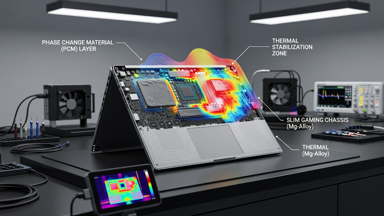 Thermal imaging comparison showing reduced hot spots on a gaming laptop chassis equipped with phase change materials versus a standard model during prolonged stress testing