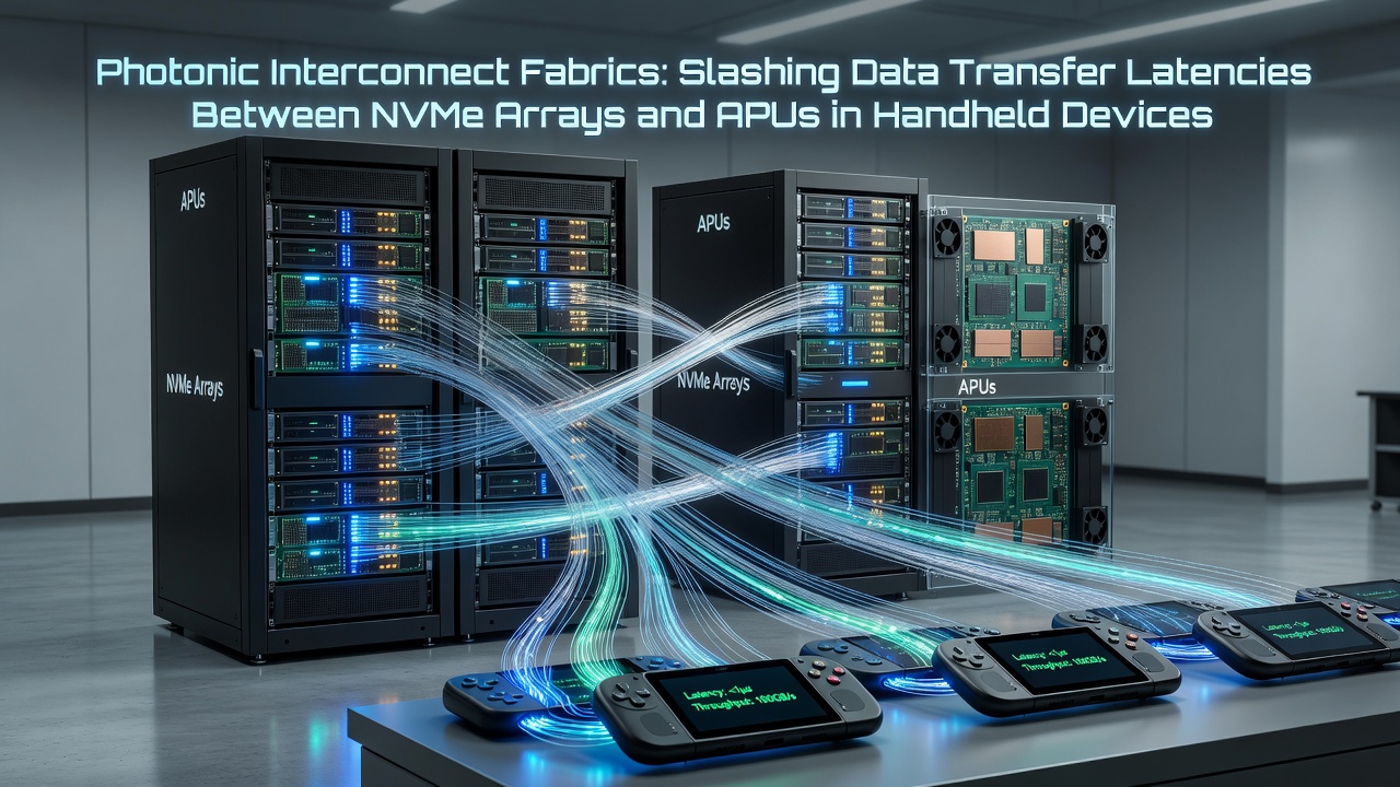 Close-up view of photonic fabric routing data between NVMe array and APU inside a handheld gaming rig during multiplayer session