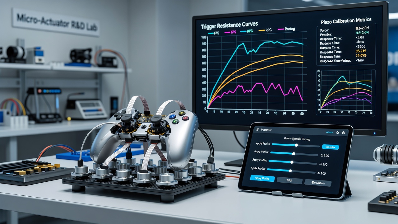 Graph displaying multiple trigger resistance curves tailored for different gaming genres on a controller test rig