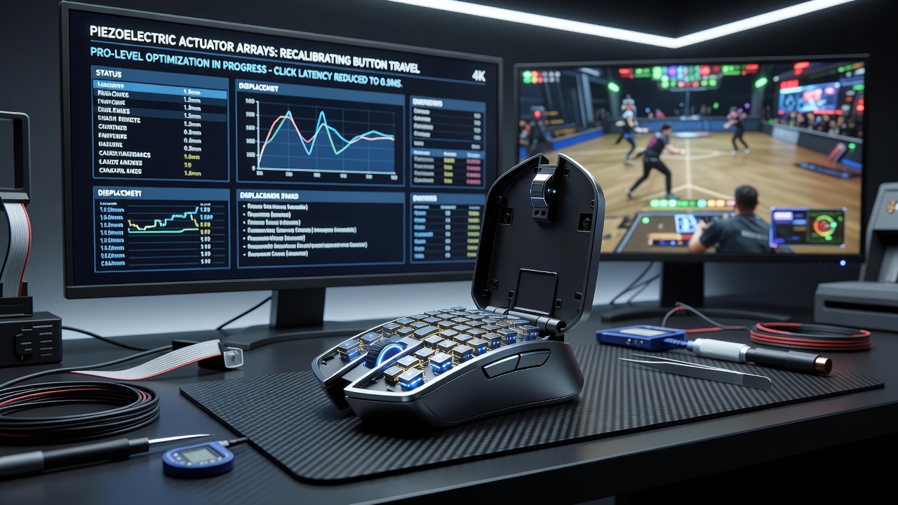 Training setup showing a competitive mouse on multiple mousepad types with overlaid data visualizations of actuator adjustments during aim drills