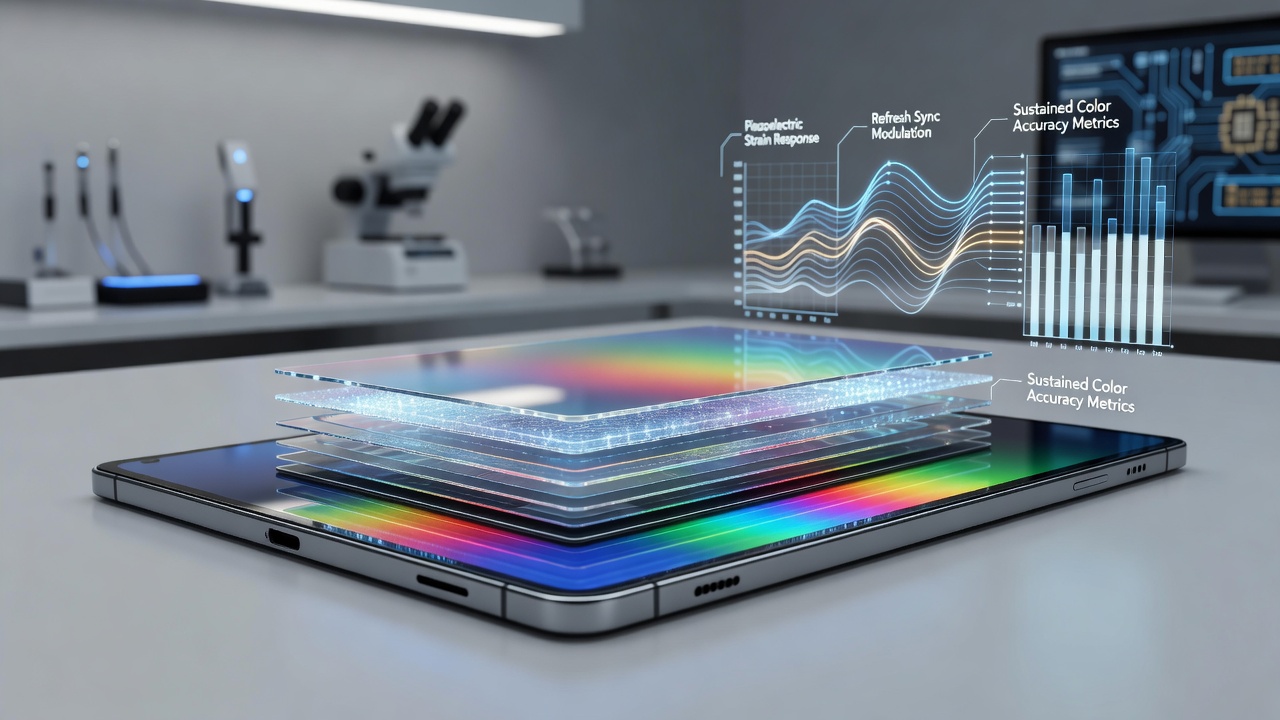 Close-up view of piezoelectric layer structure in a portable gaming display panel