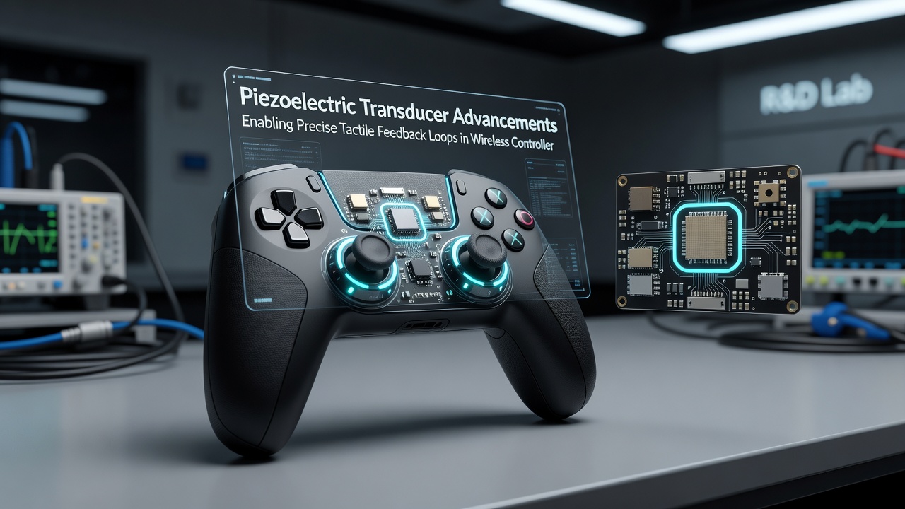 Diagram illustrating feedback signal paths from piezoelectric transducers through wireless controller circuitry to player hand contact points