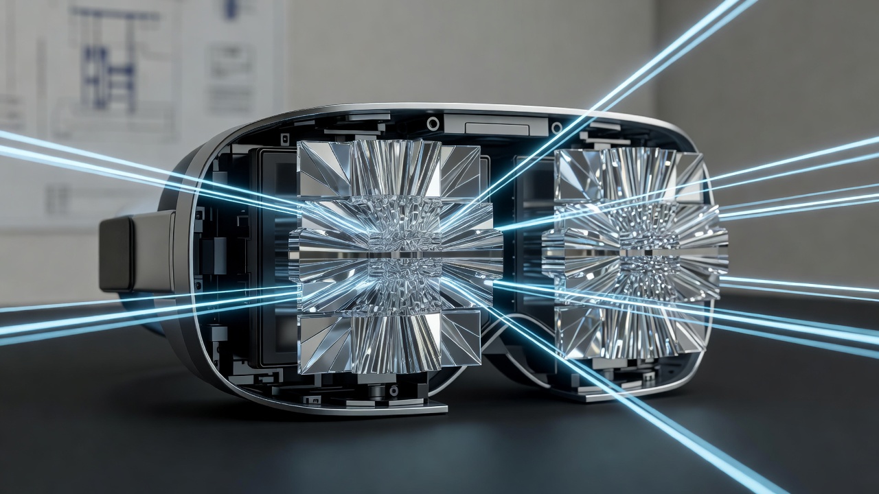 Side-by-side comparison of standard VR optics versus reflective prism array layout in cross-section view