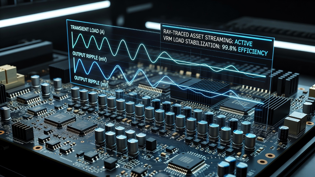 High-end VRM circuit board with ripple suppression components under load testing