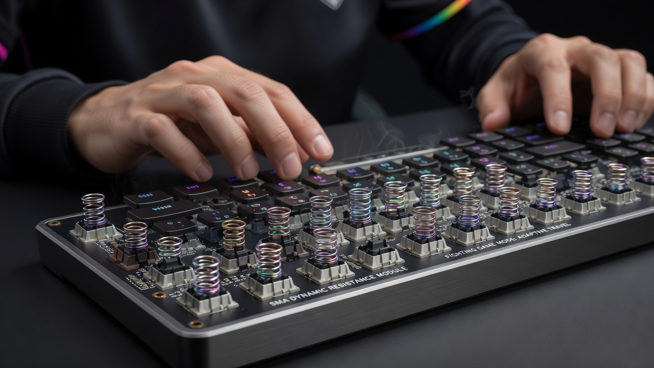 Close-up view of mechanical keyboard switches incorporating shape memory alloy components for variable resistance control
