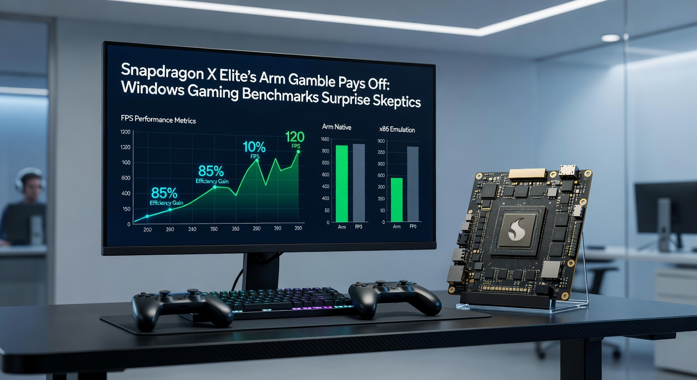 Side-by-side benchmark charts displaying Snapdragon X Elite outperforming x86 competitors in frame rates and efficiency metrics for popular Windows games