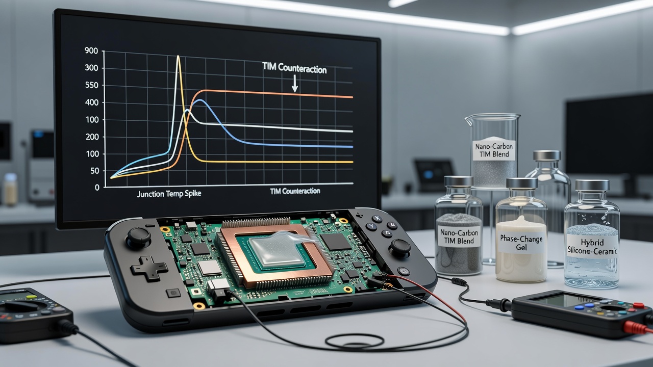 Thermal imaging comparison showing reduced junction temperatures in handheld gaming hardware equipped with advanced TIM formulations during open-world gameplay