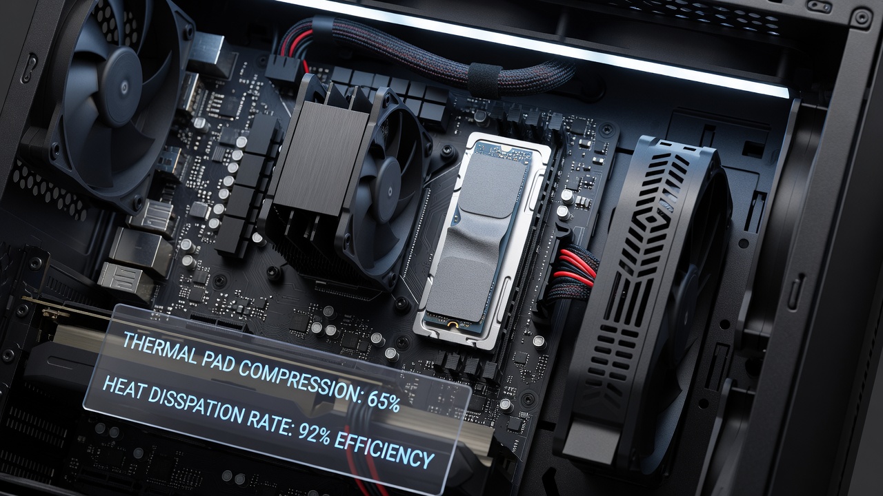 Close-up of compressed thermal pads in ITX GPU cooling assembly under load
