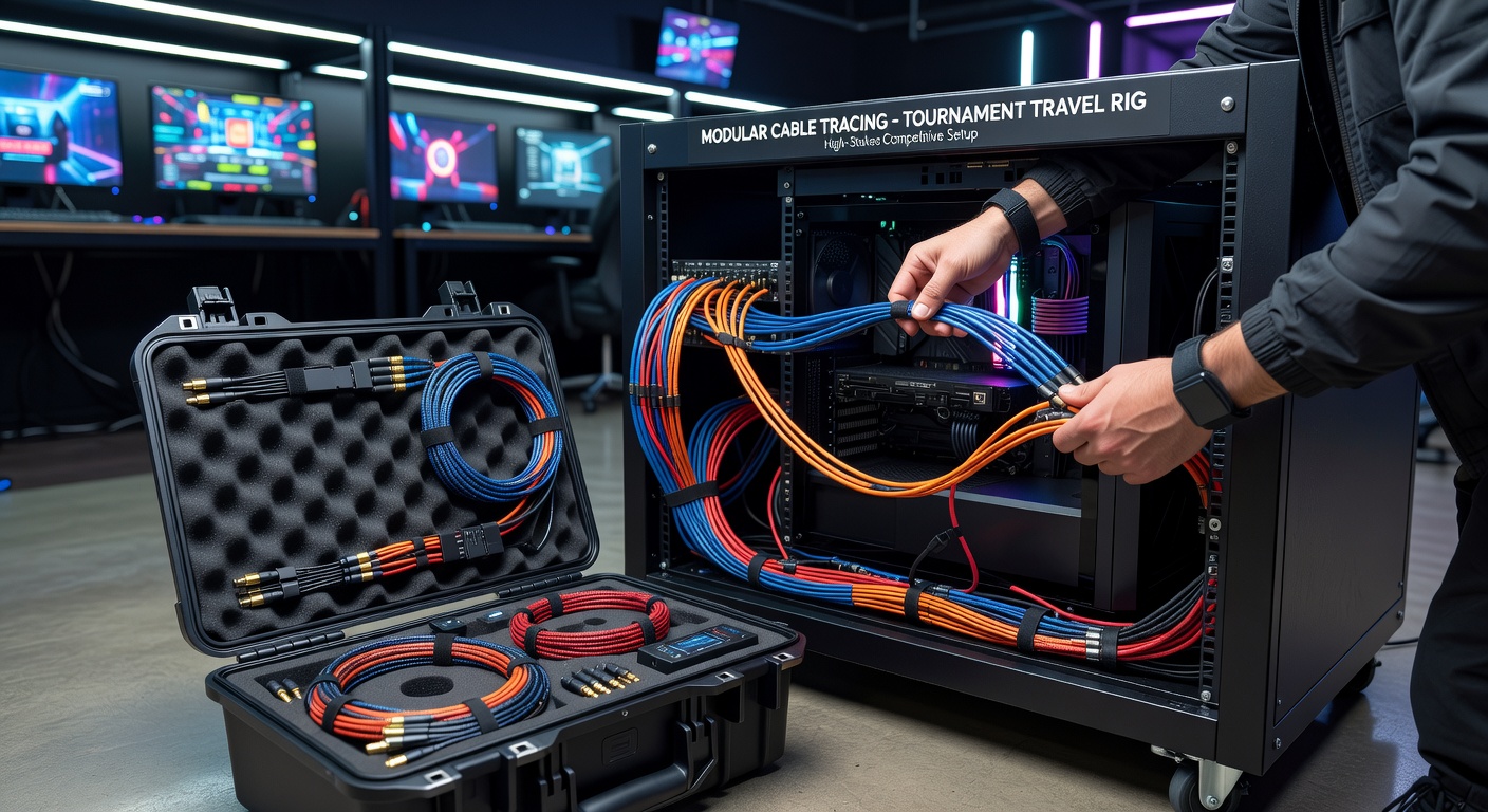 Modular cable kit components organized for a portable gaming rig in tournament travel cases