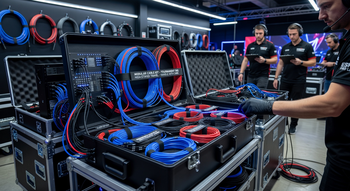 Technician tracing labeled modular cables during rig assembly at a major esports tournament venue