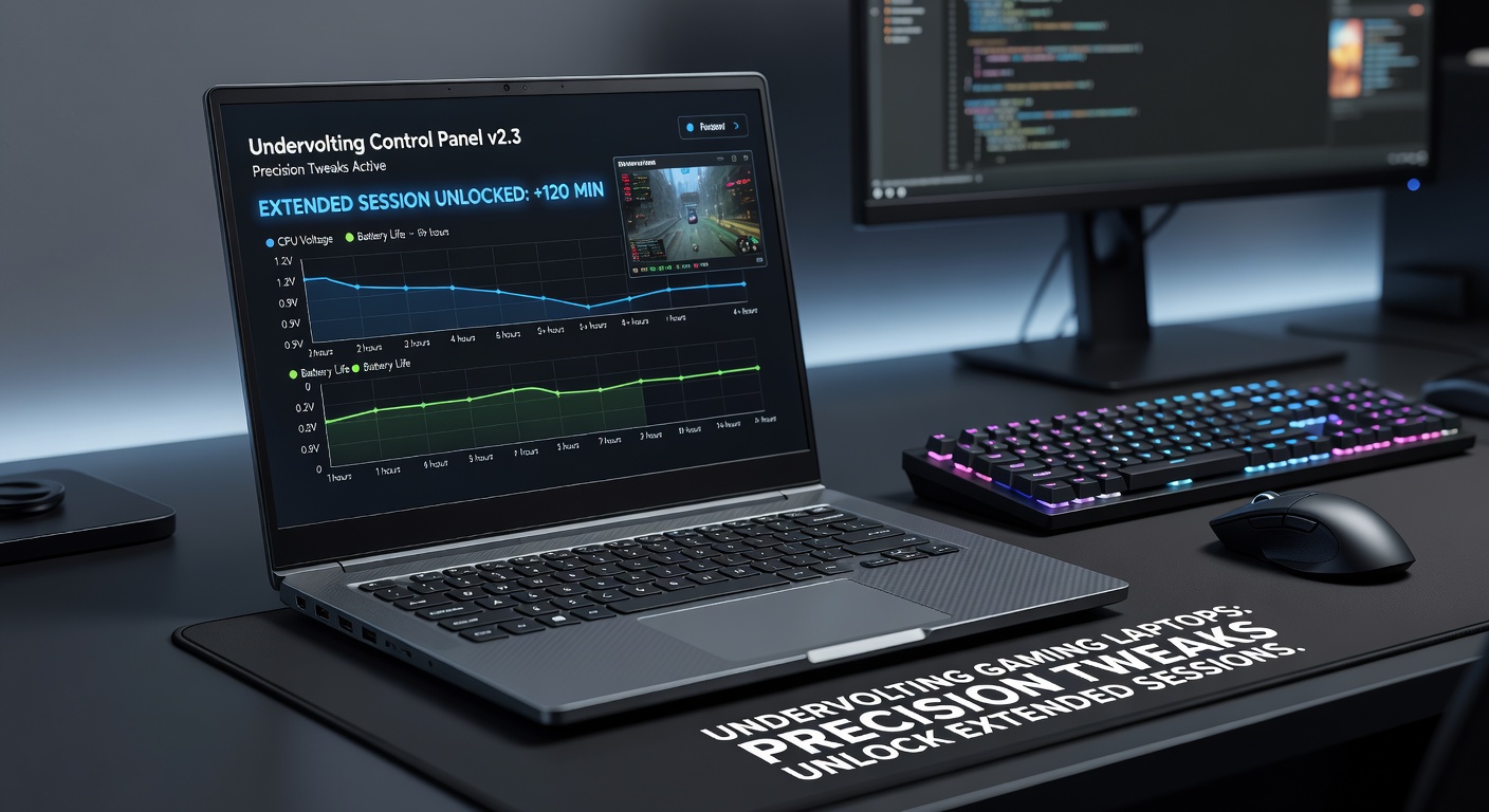 Gaming laptop internals wth highlighted CPU voltage curves and thermal pads, illustrating undervolting adjustments