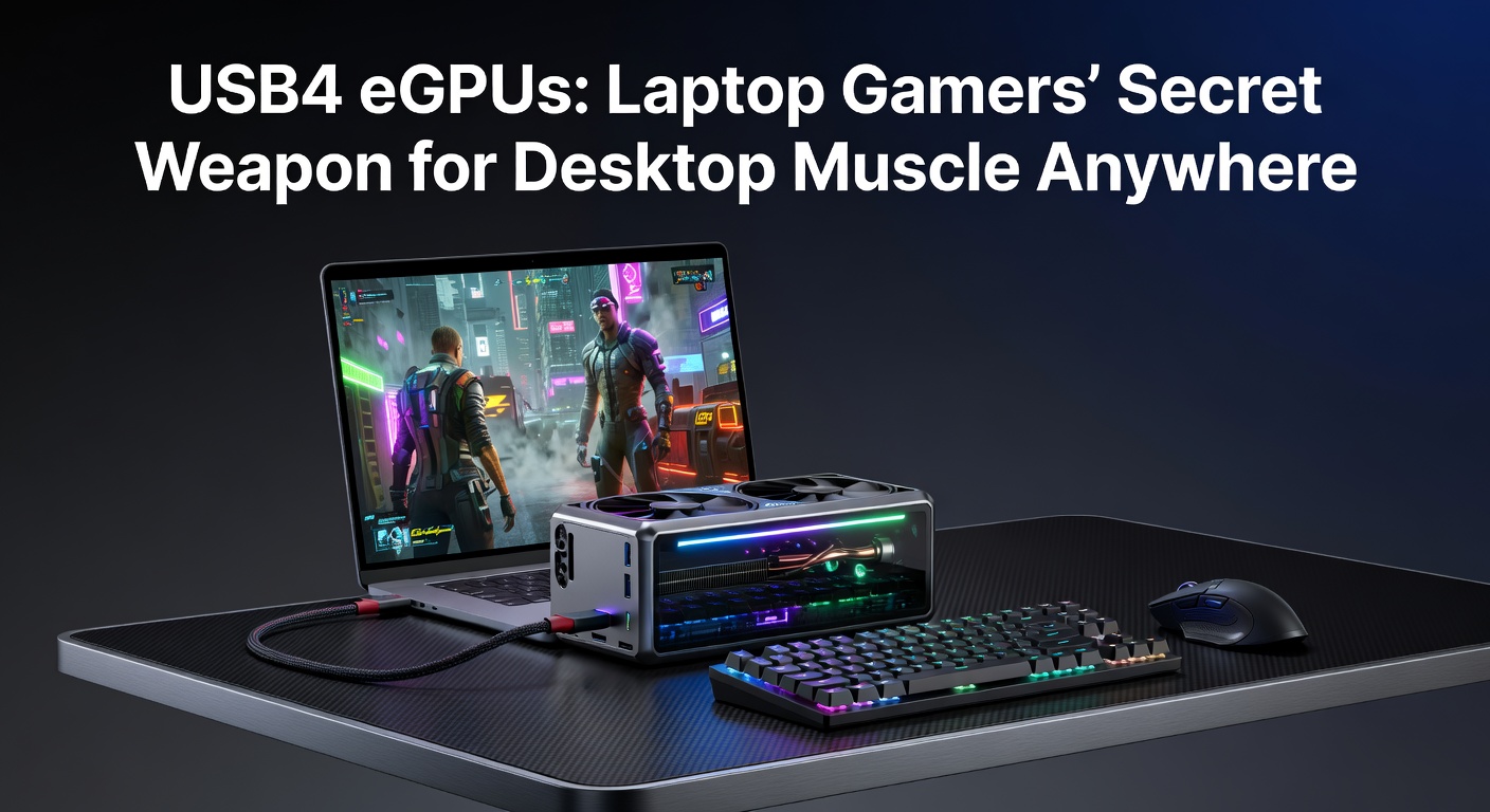 A sleek laptop connected to a compact USB4 eGPU enclosure housing a high-end RTX graphics card, cables neatly routed for portable gaming setup
