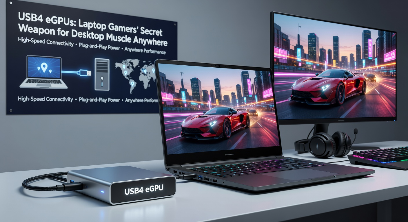 Close-up of a USB4 eGPU dock in action, with a gaming laptop outputting to a triple-monitor setup displaying high-frame-rate gameplay, RGB lights glowing