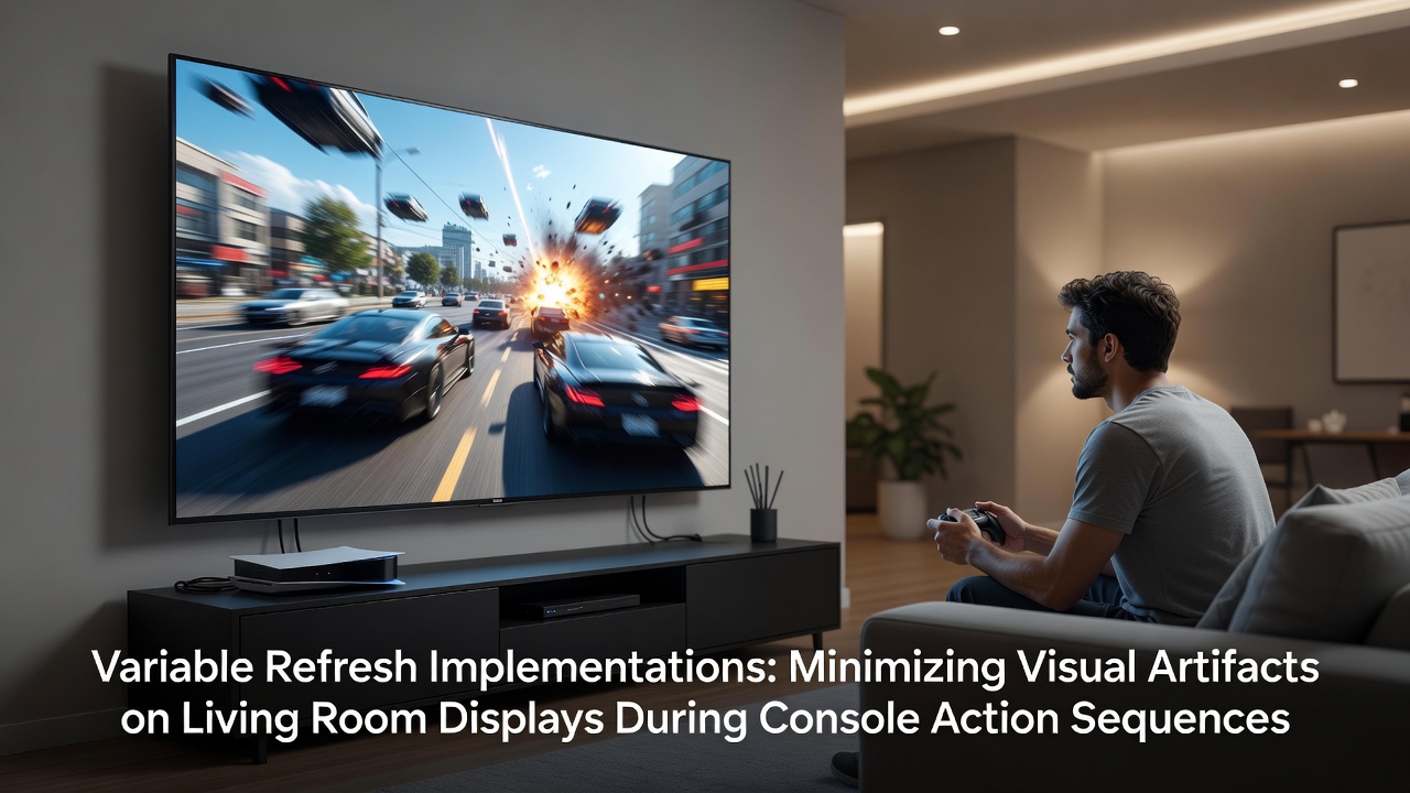 Living room setup showing console connected to large display with variable refresh rate technology active during fast-paced gameplay