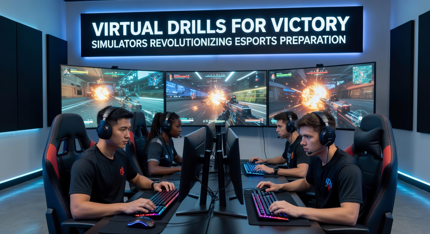 Esports team immersed in a high-tech simulator setup, practicing tactical maneuvers on multiple screens