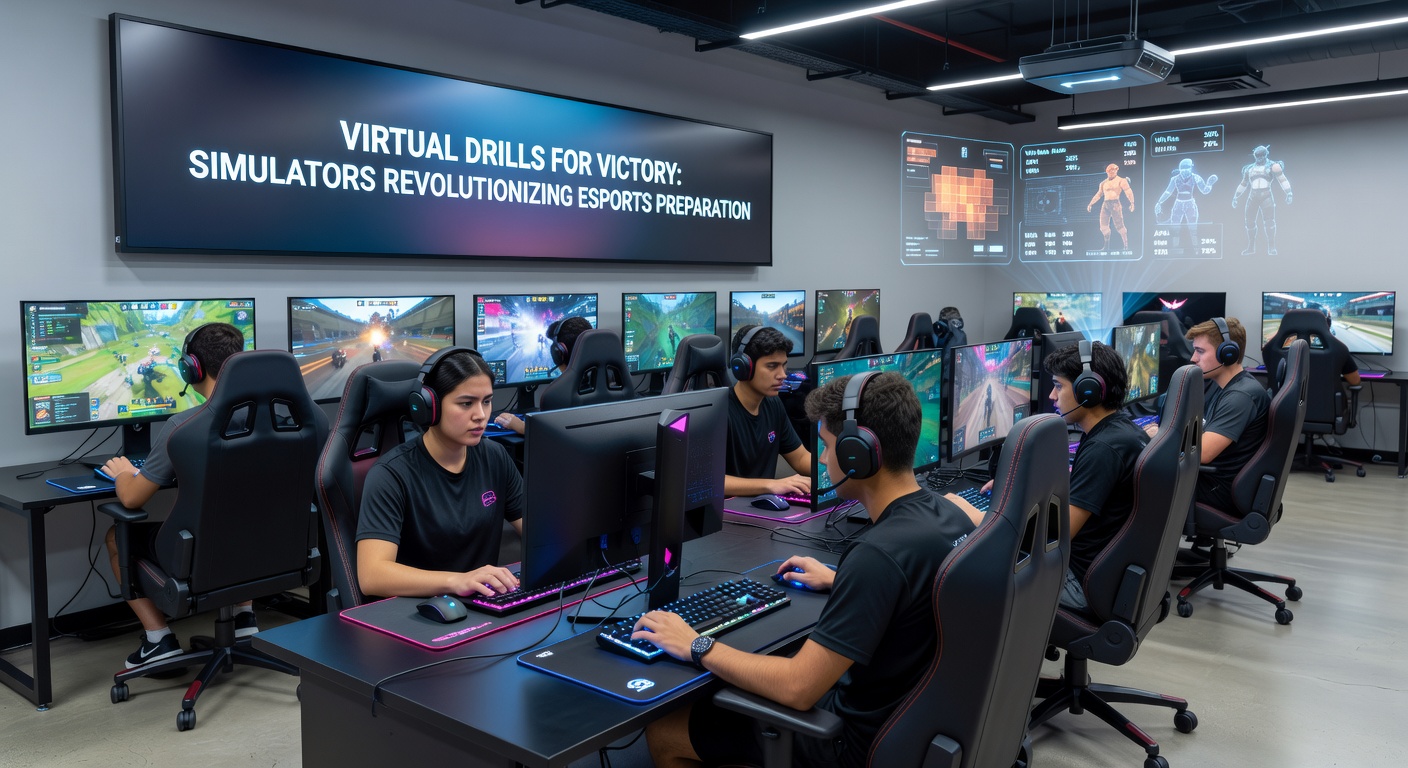 Close-up of a pro gamer in a VR headset, executing precise drills in a simulated esports arena with glowing overlays tracking performance metrics