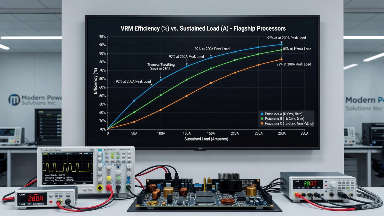 Detailed graph of VRM efficiency decline during prolonged high-load testing with overclocked CPU and GPU setups